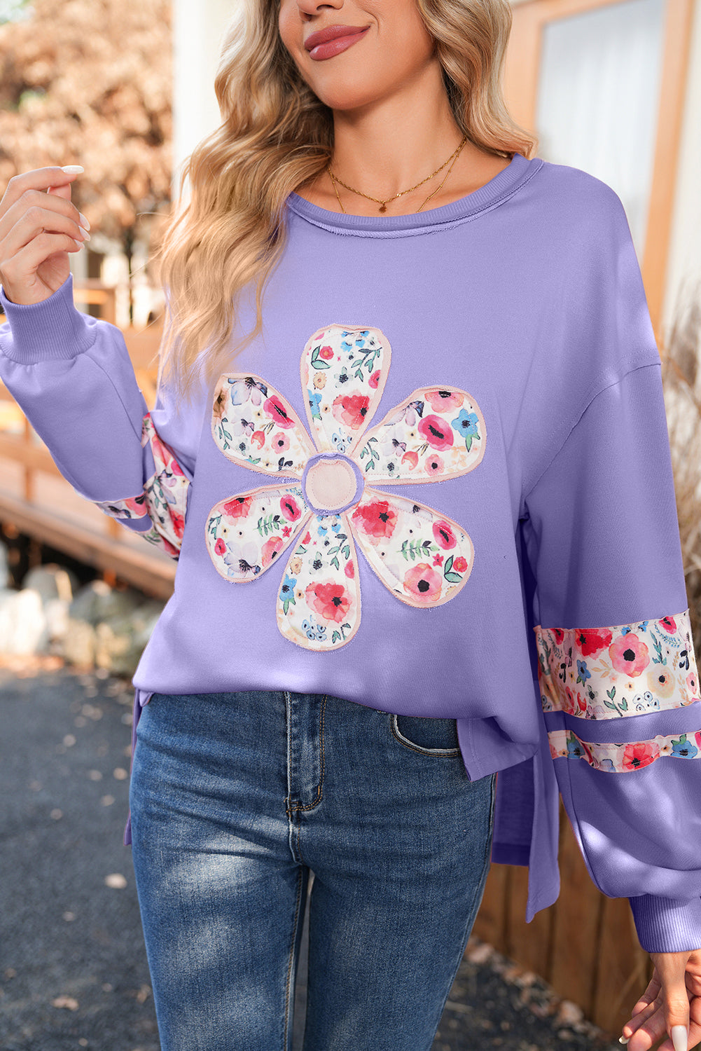 Peach Blossom Flower Applique Patchwork Drop Sleeve Pullover Sweatshirt
