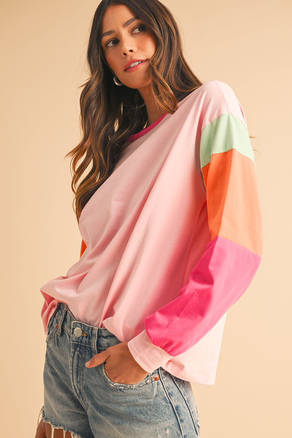 Multi Color Block Sleeve Loose Fit Top