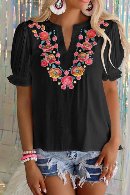 Floral Embroidered Boho Ruffle Puff Sleeve Blouse