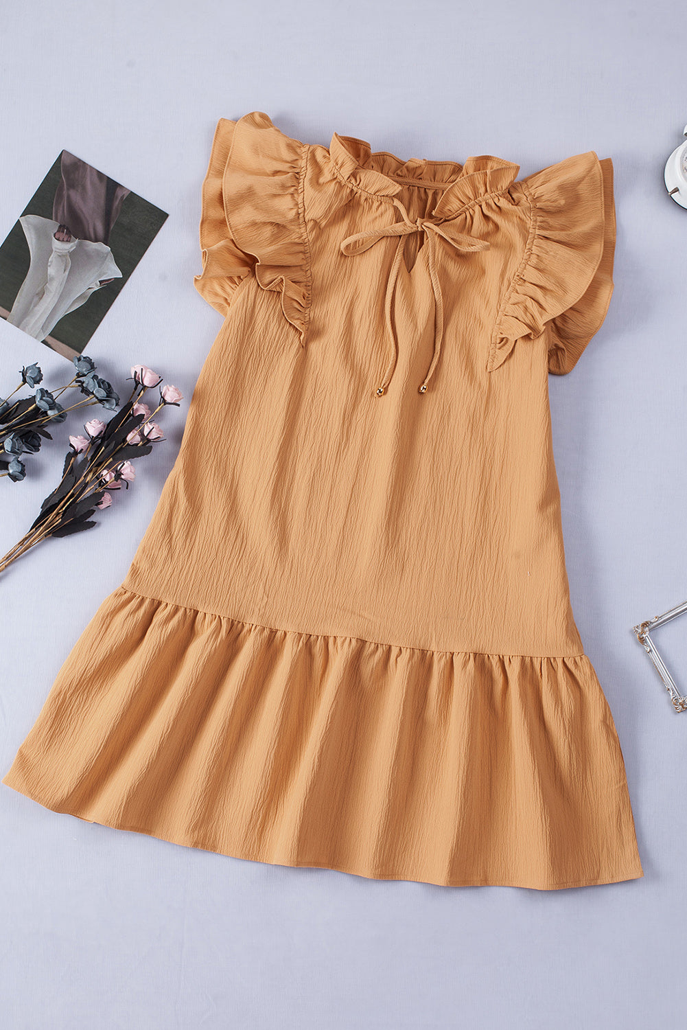 Tiered Ruffled Drawstring V Neck Short Dress With Pockets