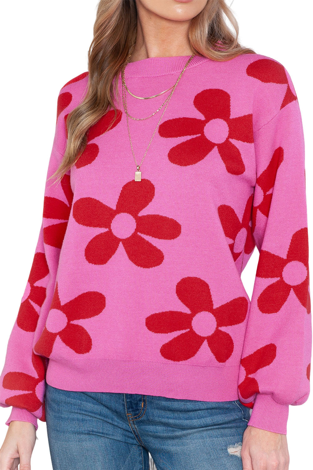 Floral Print Knitted Long Sleeve Pullover Sweater