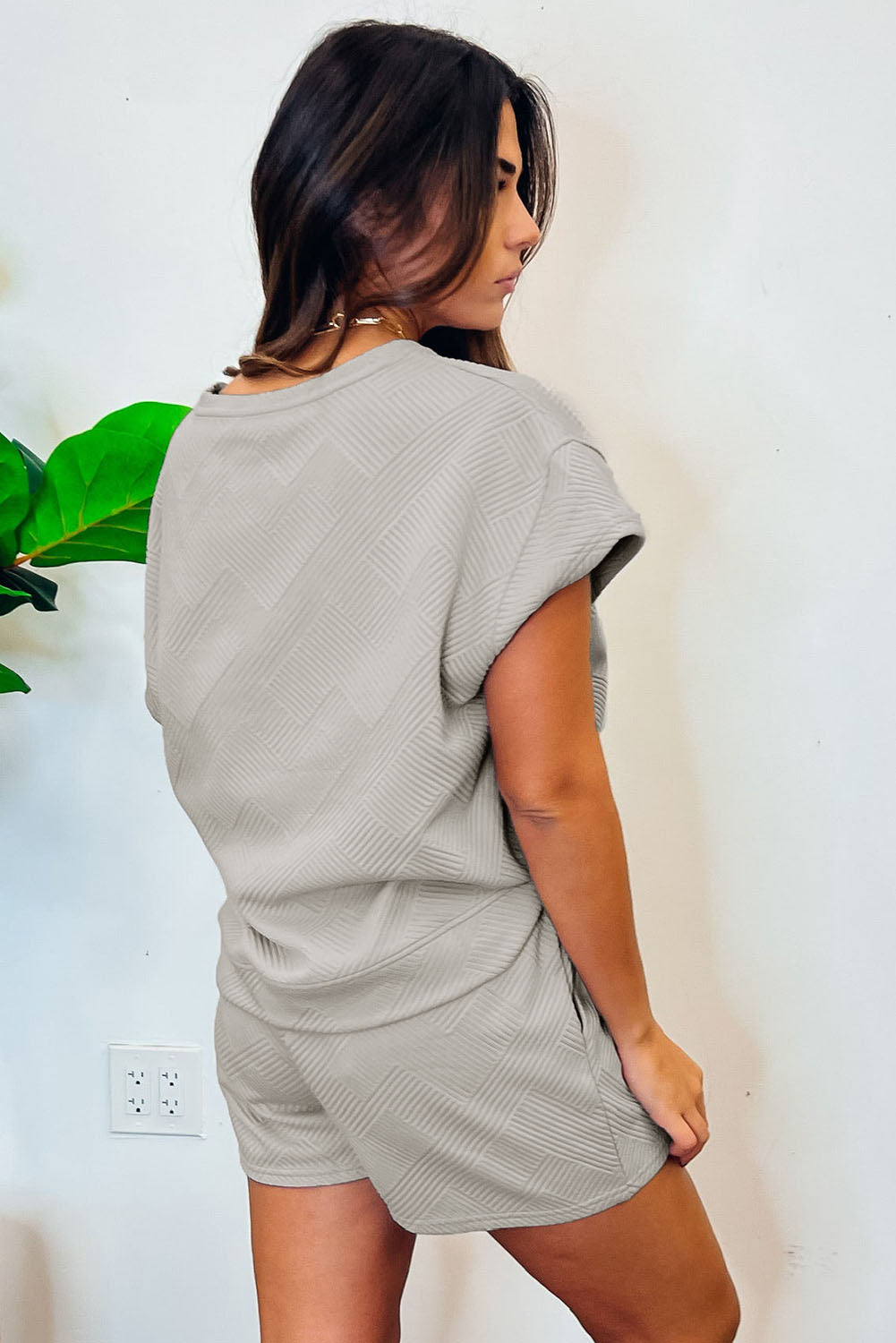 Apricot 2Pcs Solid Textured Drawstring Shorts Set