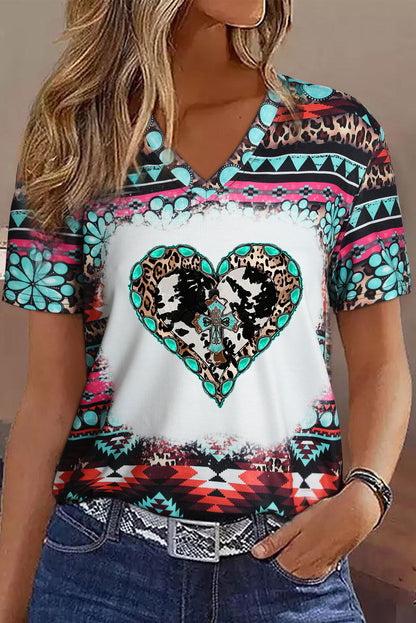 Green Geometric Heart Graphic V-Neck Tee