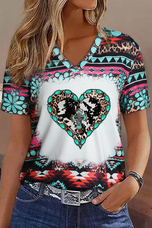 Green Geometric Heart Graphic V-Neck Tee