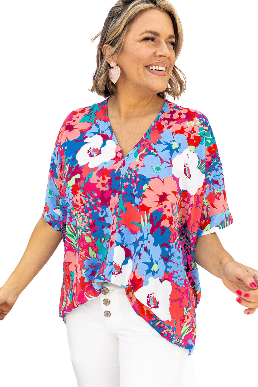 Multicolor V Neck Dolman Sleeve Plus Size Floral Blouse