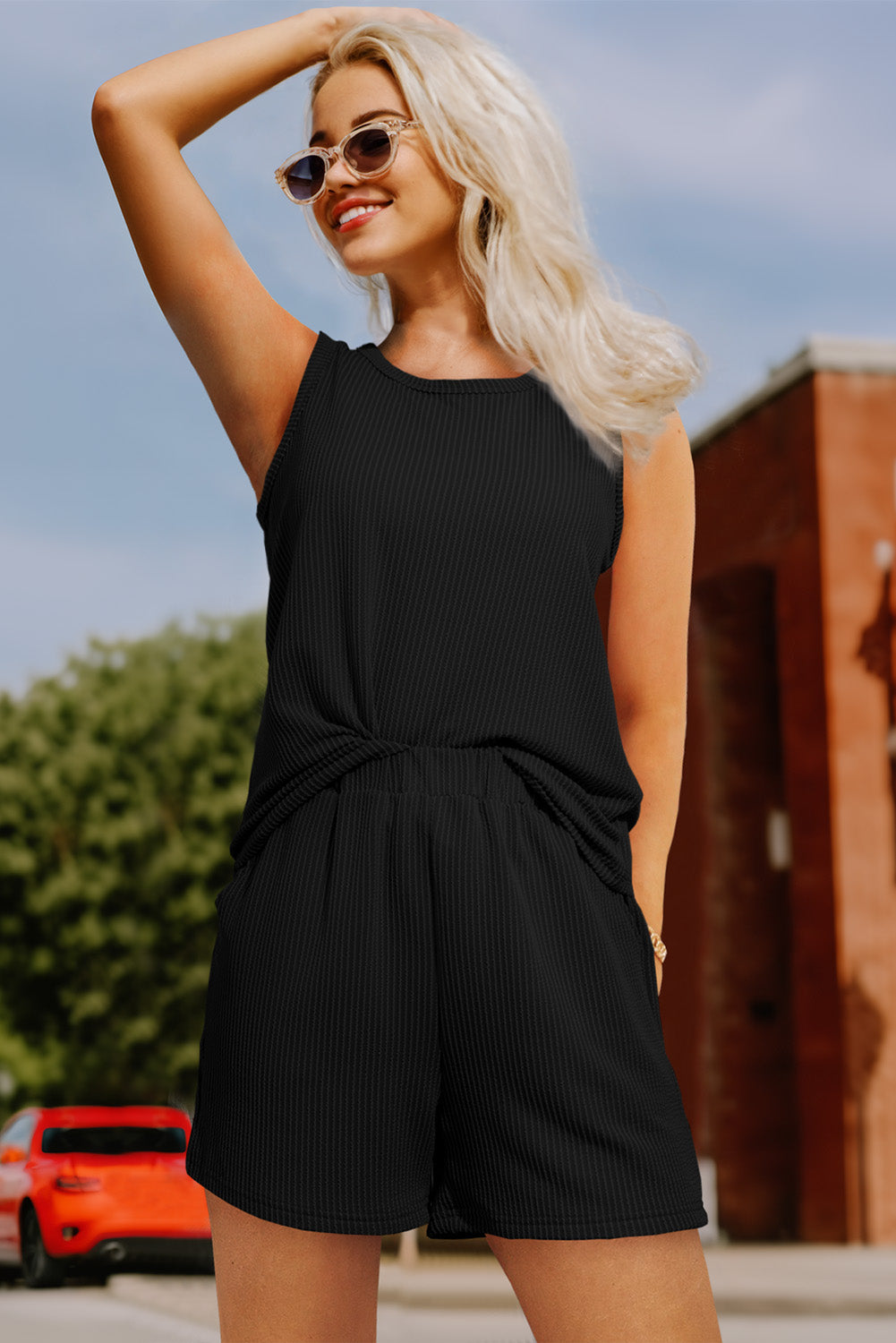 Ribbed Sleeveless Top and Pocketed Shorts Set