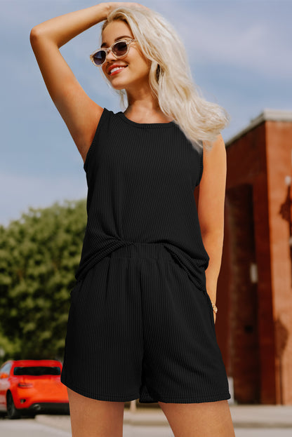 Ribbed Sleeveless Top and Pocketed Shorts Set