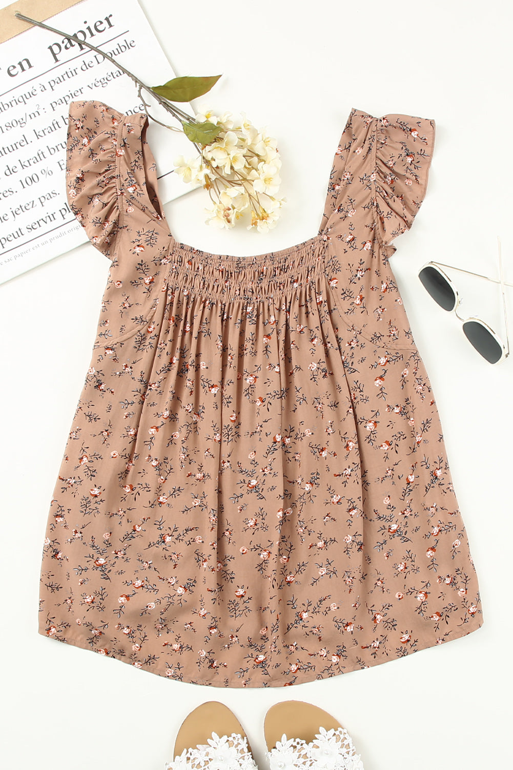 Floral Print Smocked Neck Flounce Sleeveless Shirt