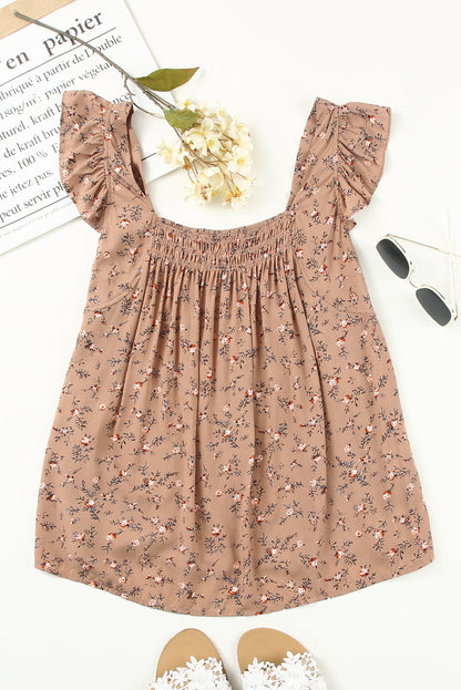 Floral Print Smocked Neck Flounce Sleeveless Shirt