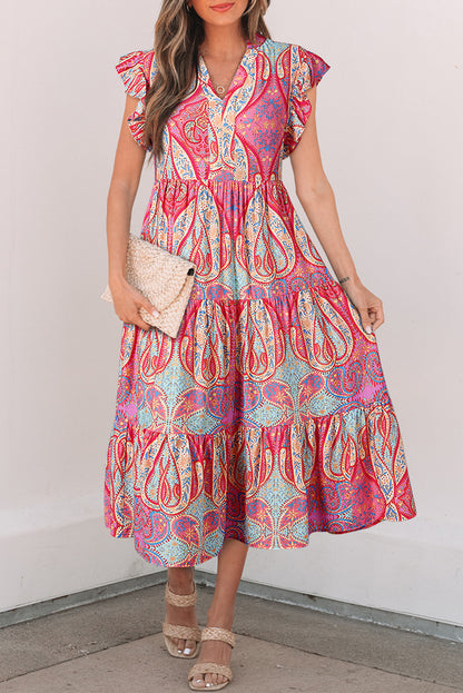 Rose Ethnic Paisley Print Ruffle Sleeve Notch Neck Midi Dress