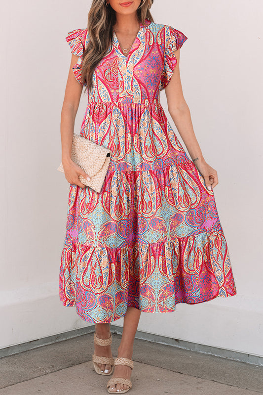 Rose Ethnic Paisley Print Ruffle Sleeve Notch Neck Midi Dress
