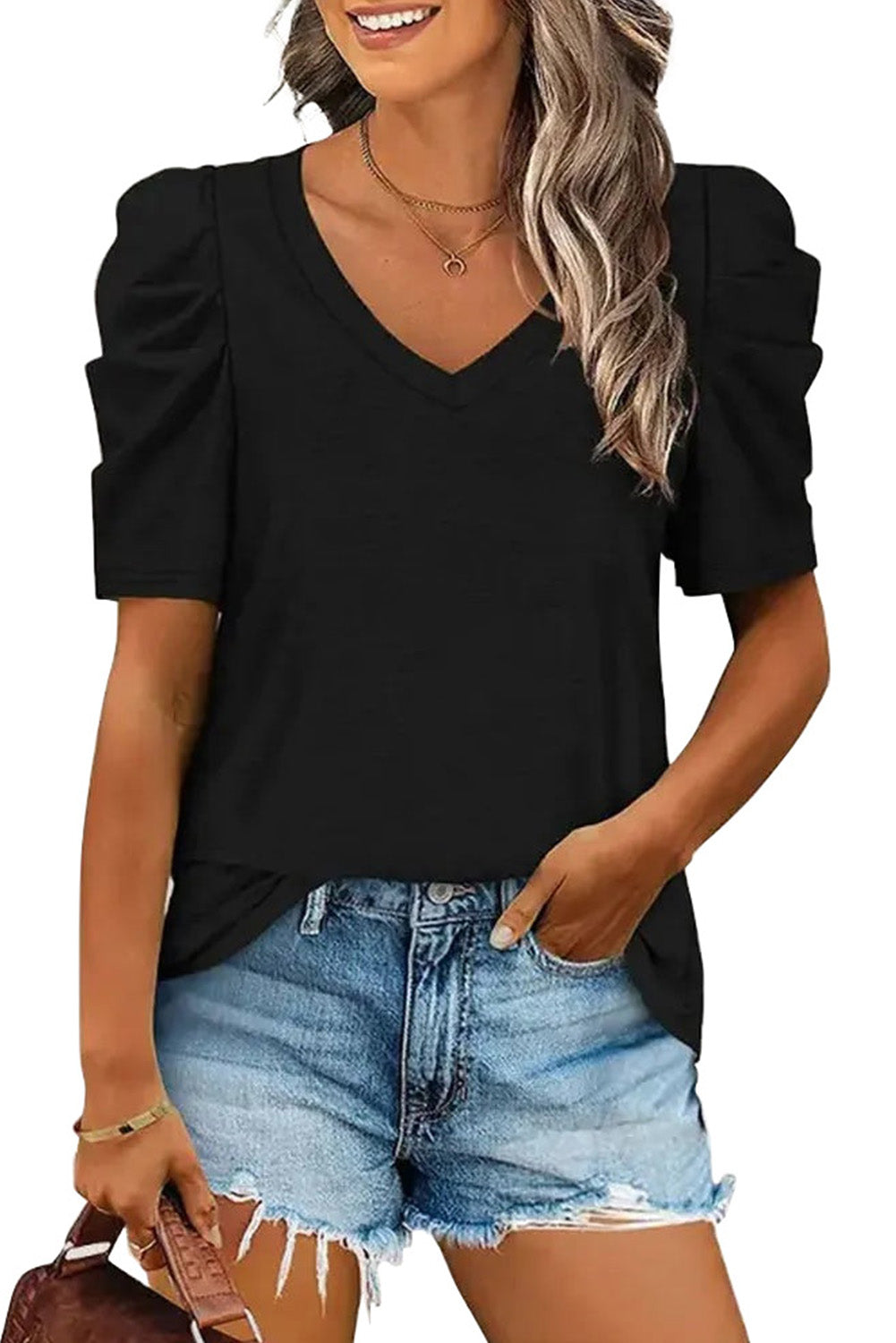 Puff Sleeve Casual V Neck T-Shirt