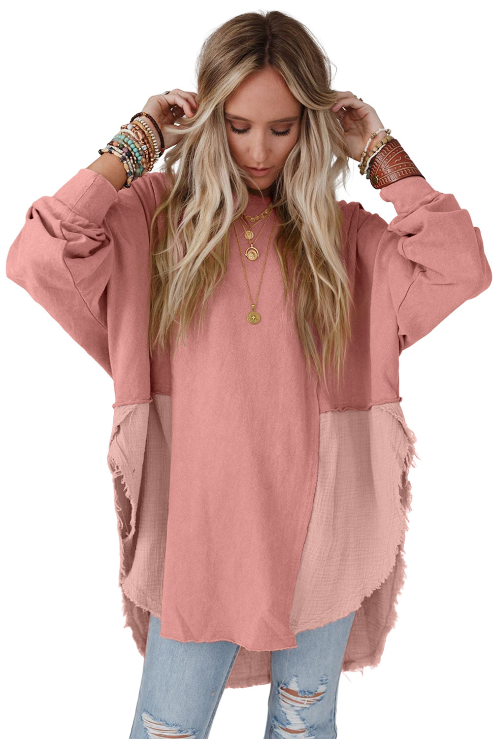Rose Pink Crinkled Patchwork Raw Hem Oversized Tops