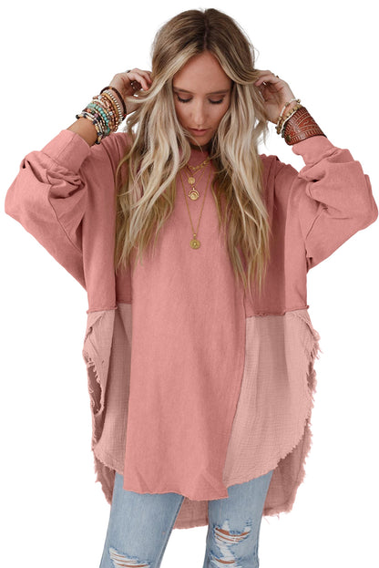 Rose Pink Crinkled Patchwork Raw Hem Oversized Tops