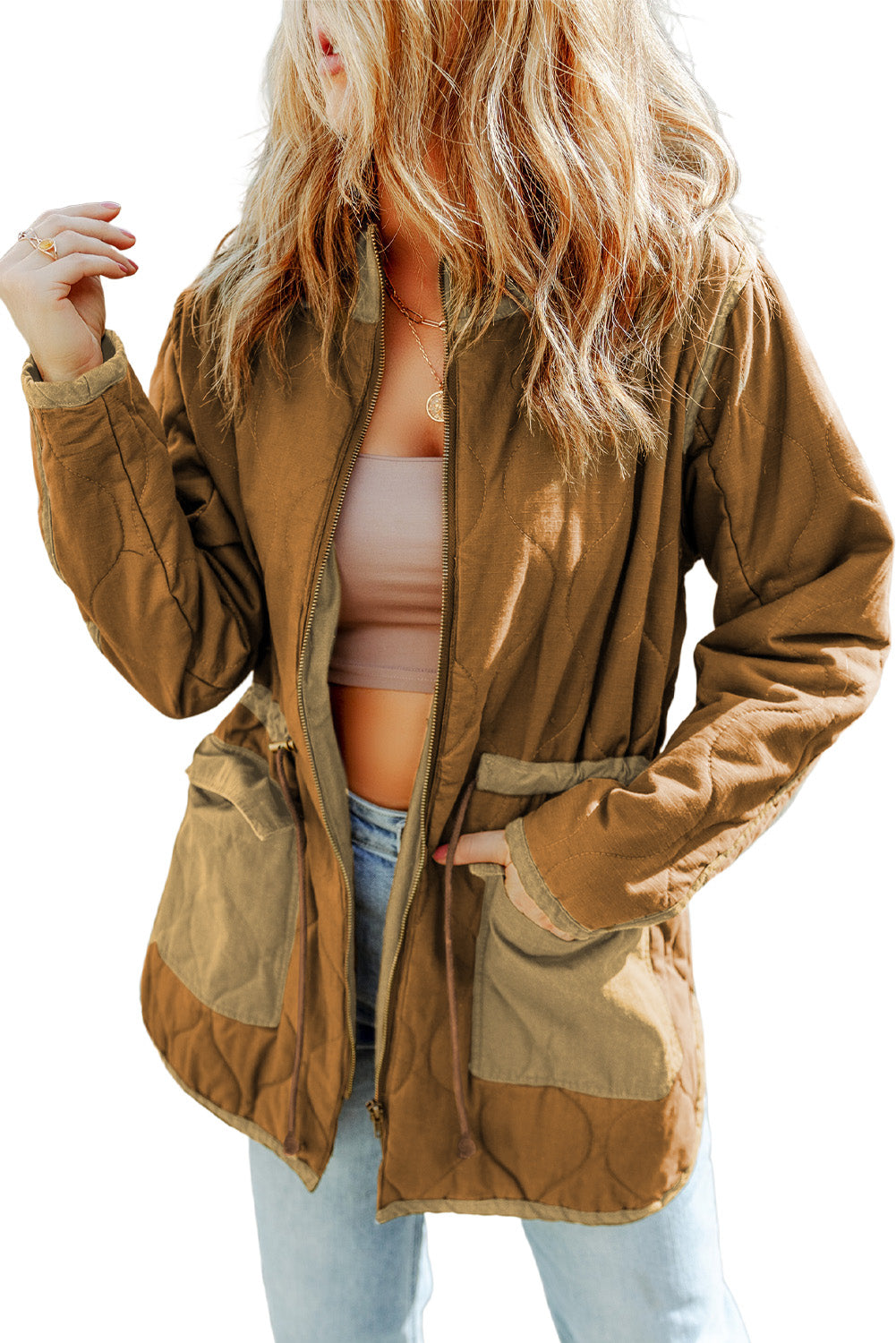 Green Drawstring Waist Quilted Jacket with Pocket