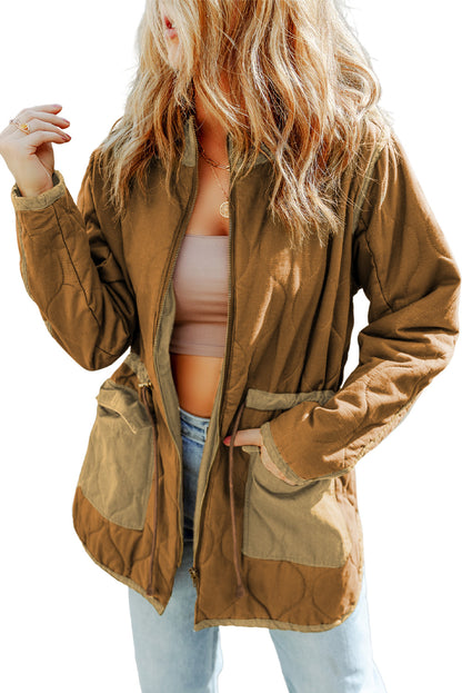 Green Drawstring Waist Quilted Jacket with Pocket
