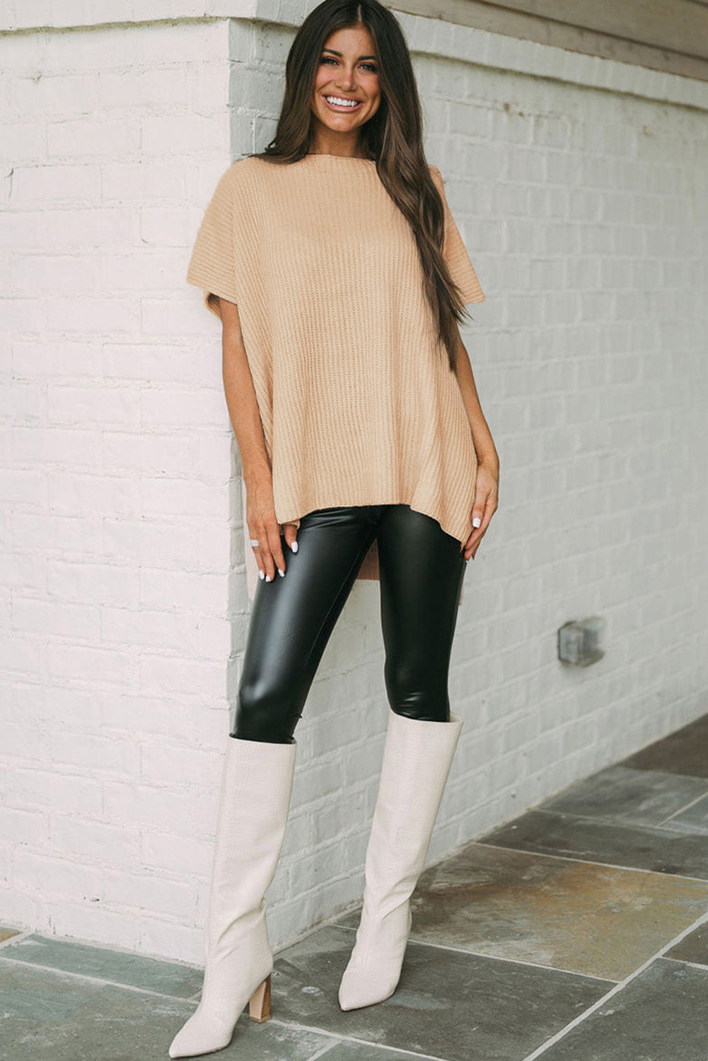 Apricot Side Slit Short Sleeve Oversized Sweater