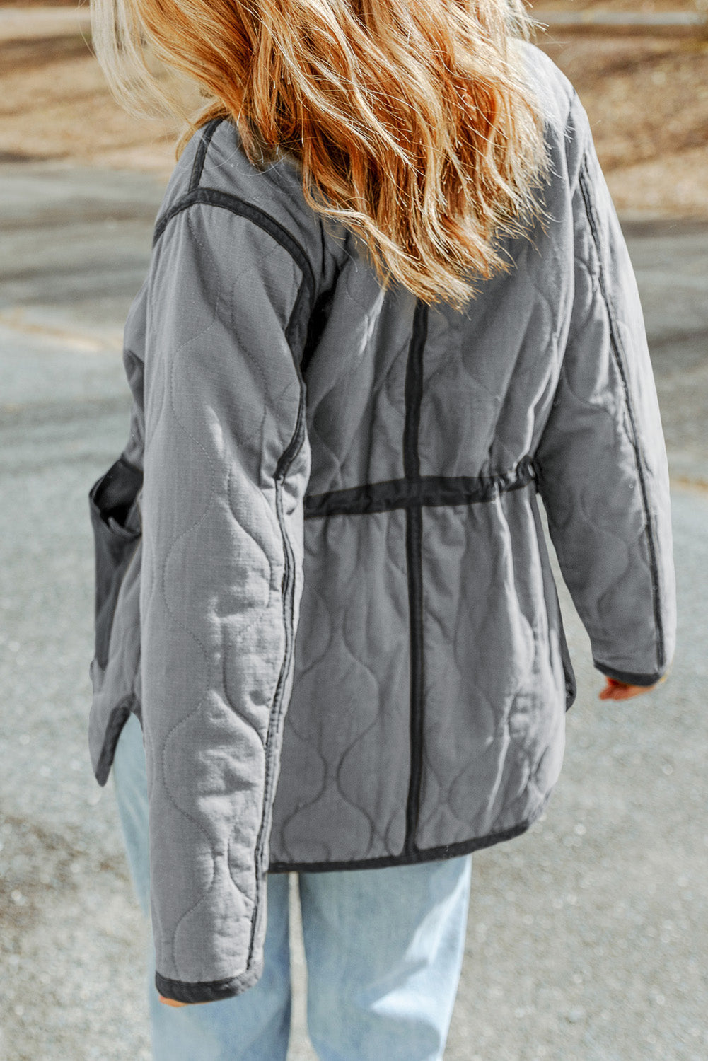 Green Drawstring Waist Quilted Jacket with Pocket
