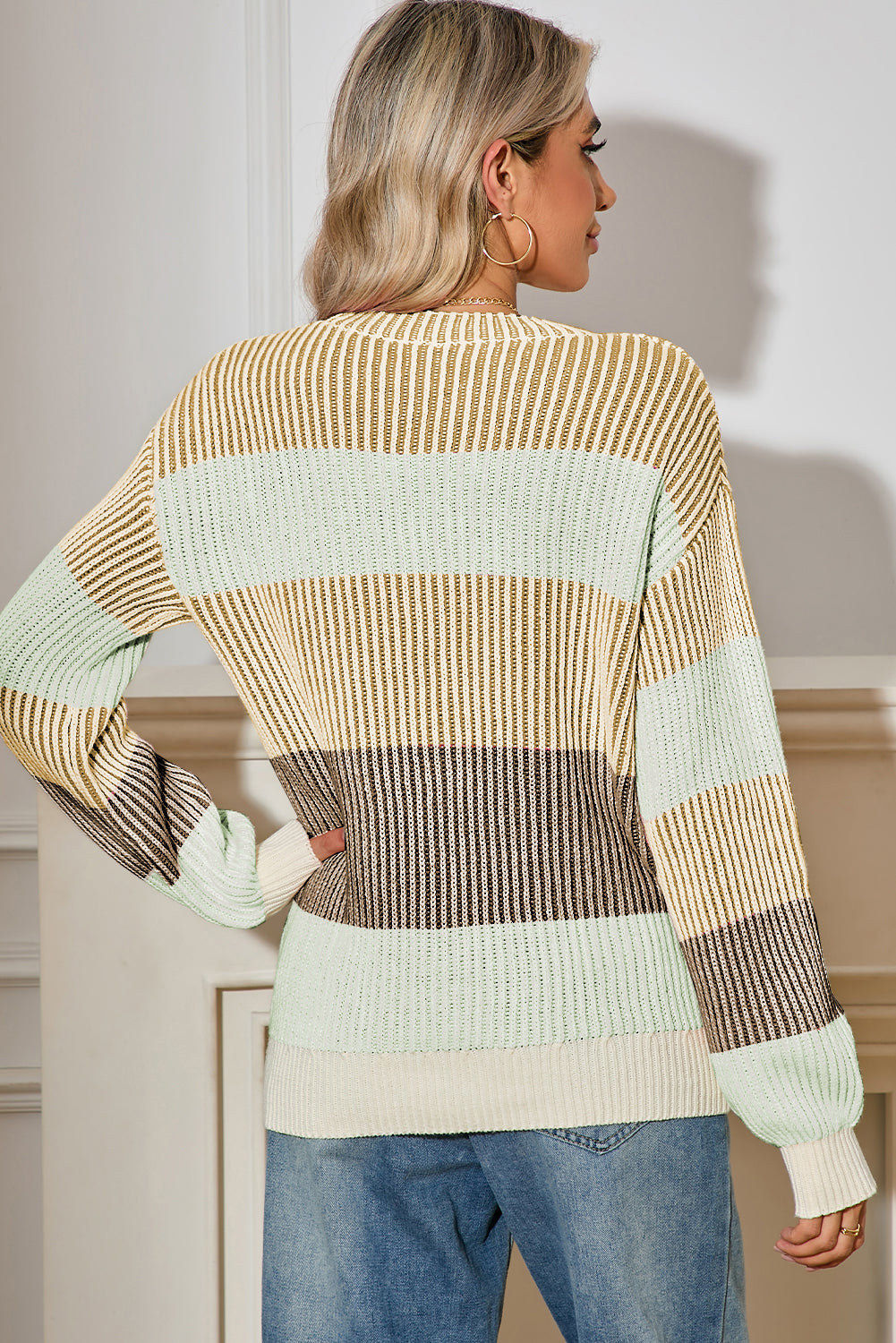 multi Colorblock Lantern Sleeve Rib Knitted Sweater