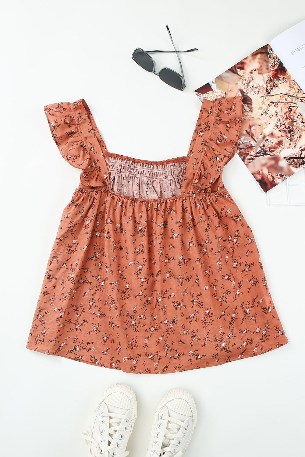 Floral Print Smocked Neck Flounce Sleeveless Shirt