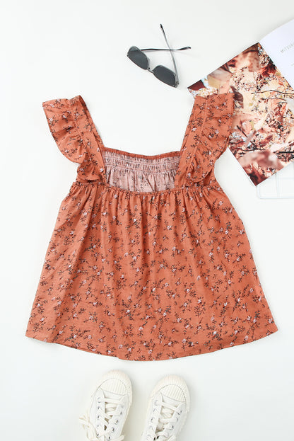 Floral Print Smocked Neck Flounce Sleeveless Shirt