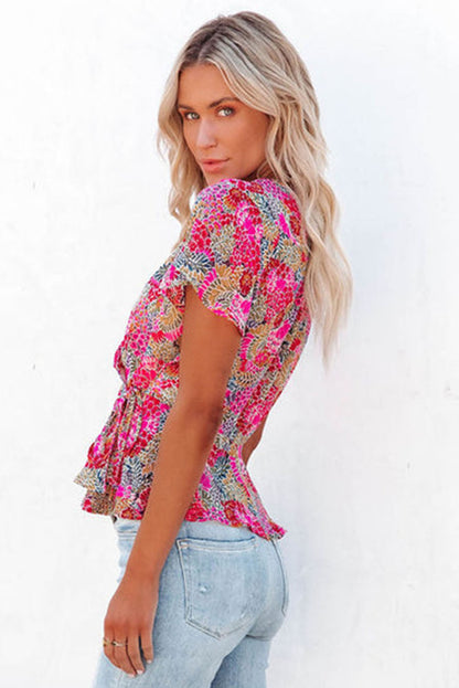 Multicolor Floral Print Smocked Cuffs Long Sleeve Blouse
