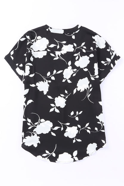 Floral Print Casual Roll Up Sleeve Blouse