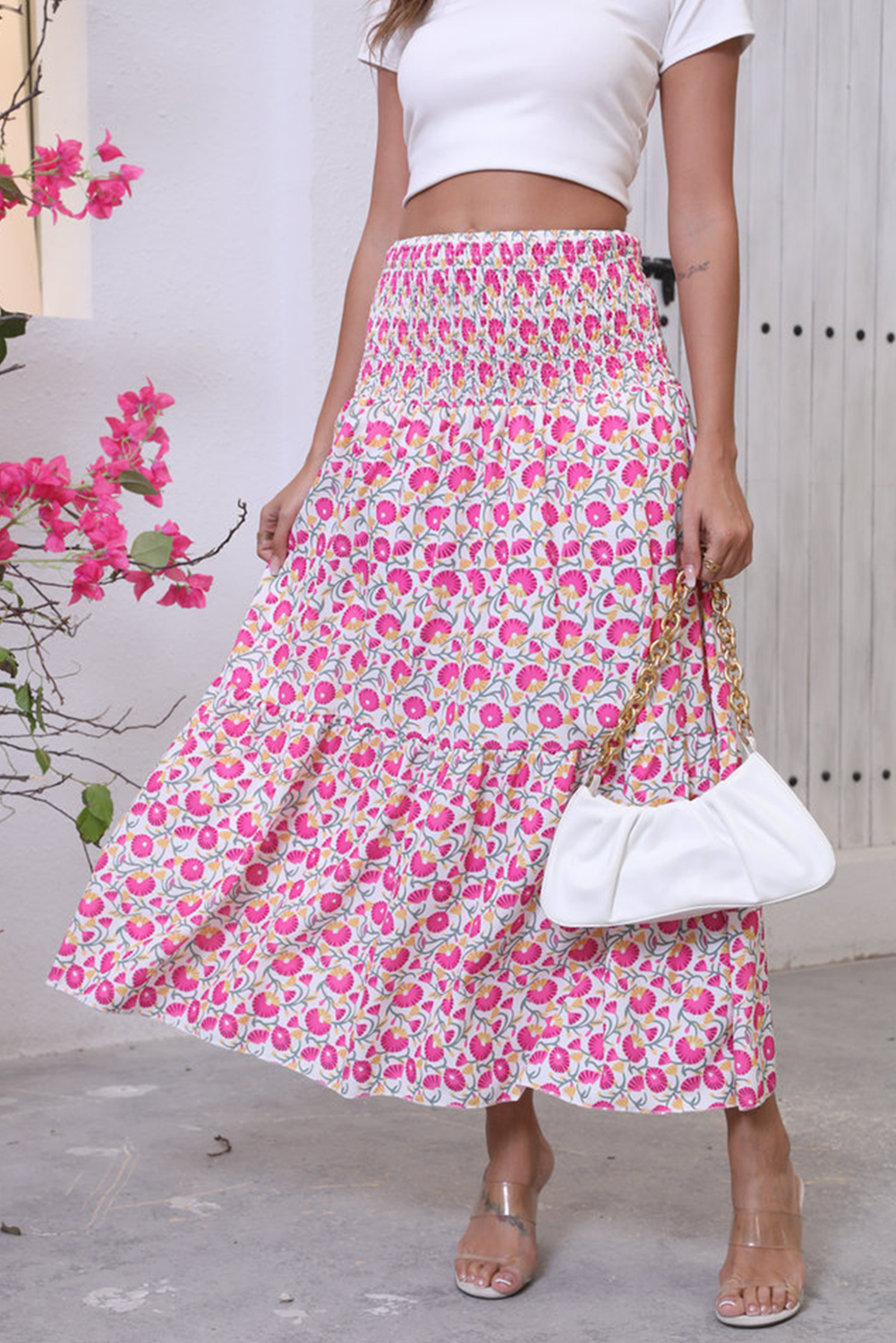 Pink Boho Floral Print Shirred Large Swing Skirt