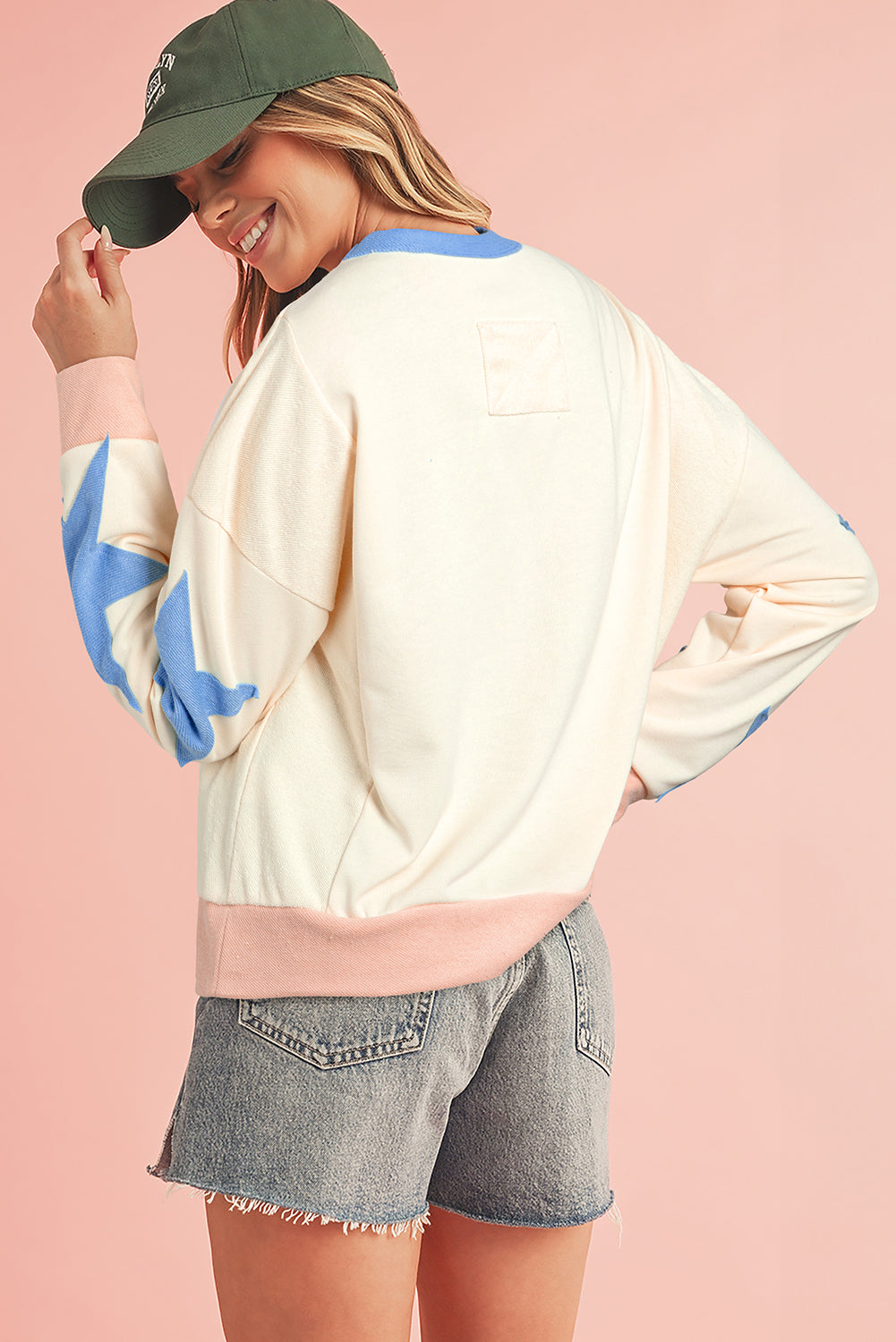 Light Pink Star Patchwork Exposed Seam Oversized Sweatshirt