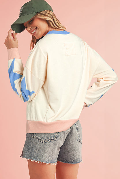 Light Pink Star Patchwork Exposed Seam Oversized Sweatshirt