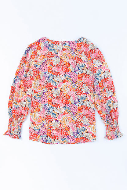 Multicolor Floral Print Smocked Cuffs Long Sleeve Blouse