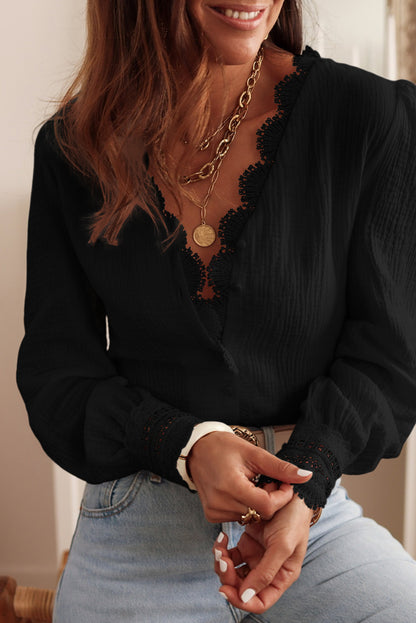 Black Crochet Trim Deep V Neck Textured Shirt