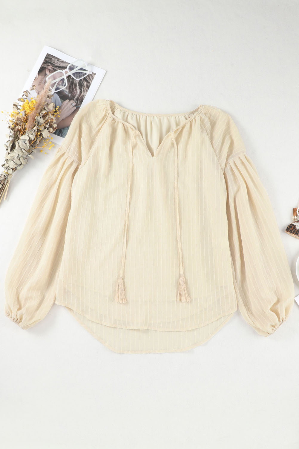 Brown Lantern Sleeve Tassel Drawstring Tie Blouse