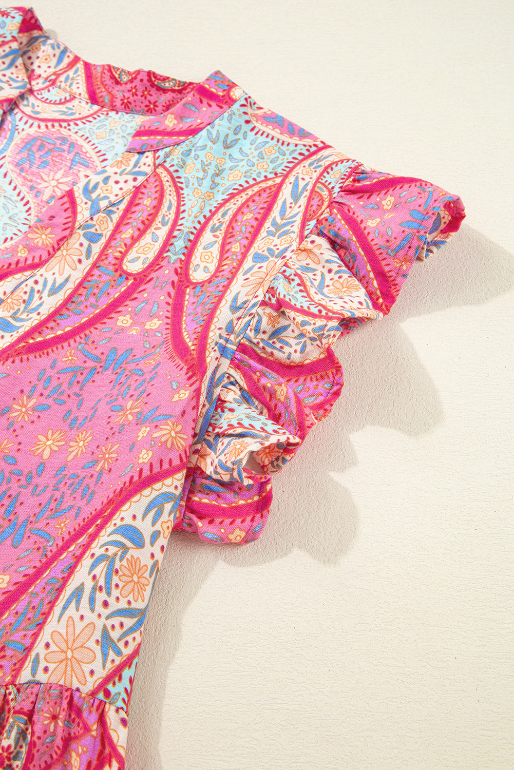 Rose Ethnic Paisley Print Ruffle Sleeve Notch Neck Midi Dress