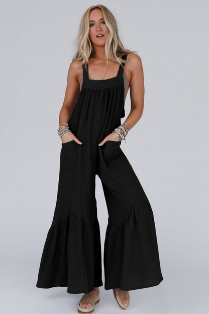 Black Solid Color Pockets Pleated Flare Leg Jumpsuit