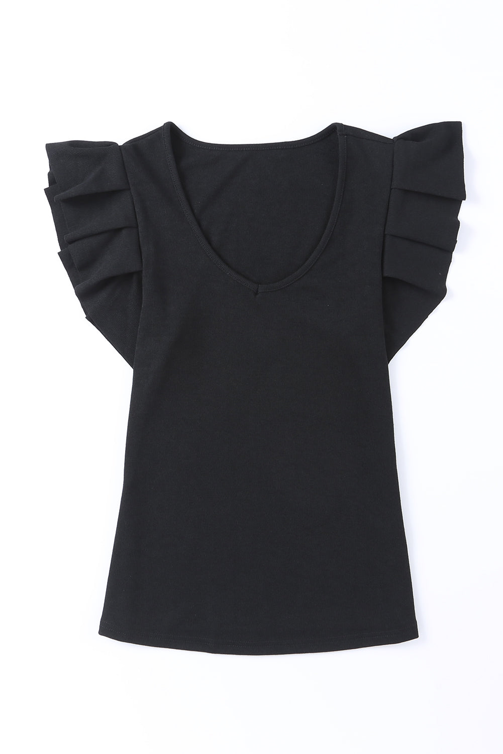 Black Rib Knitted Ruffle Shoulder U Neck Top