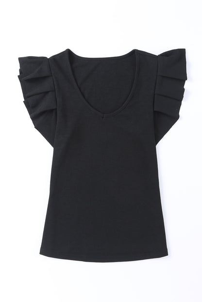 Black Rib Knitted Ruffle Shoulder U Neck Top