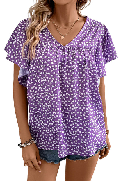Blue Floral Print V Neck Ruffle Sleeve Blouse