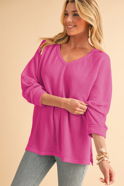 Waffle Knit Side Slits Loose Fit V Neck Top