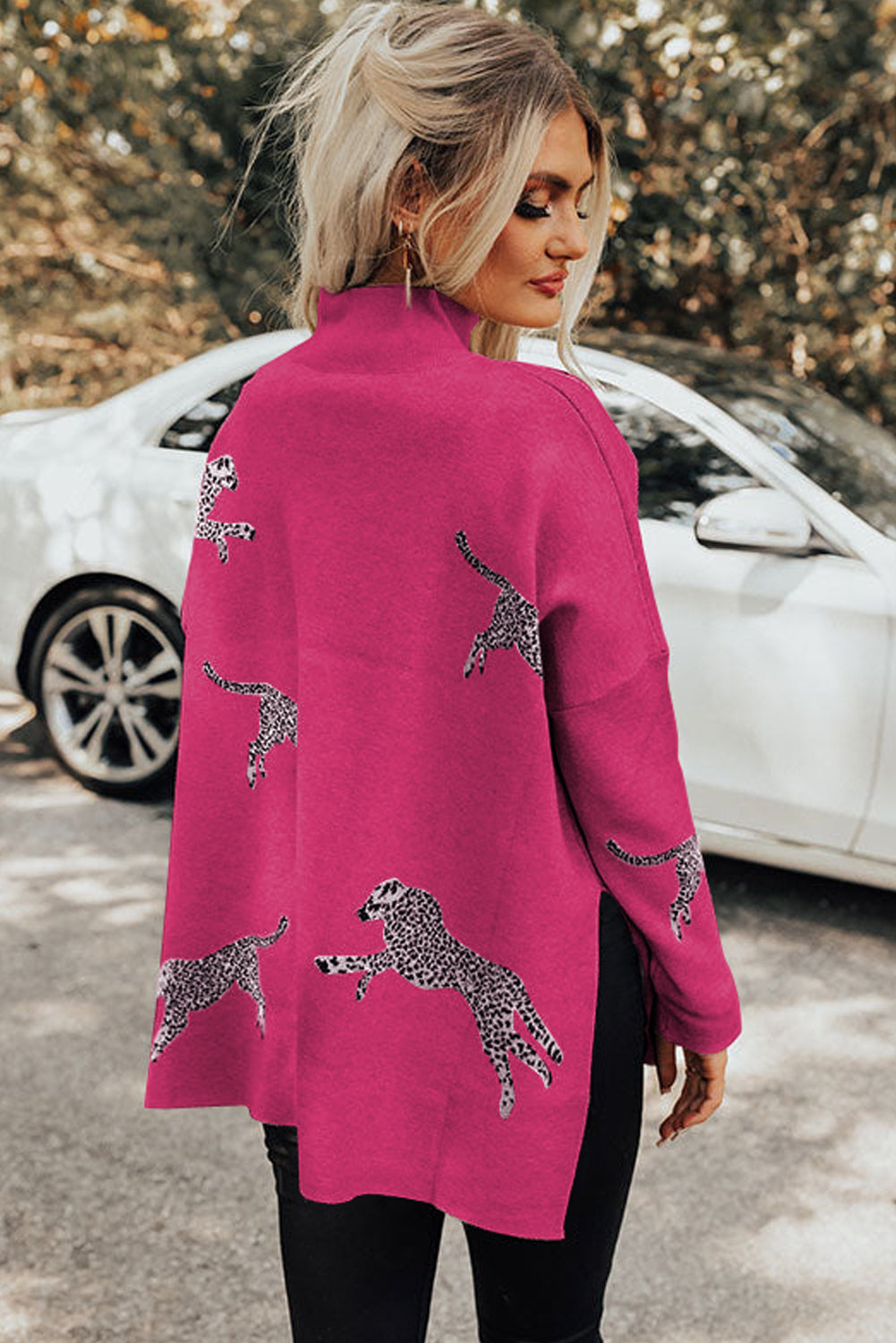 Cheetah Print High Neck Split Hem Sweater