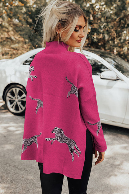 Cheetah Print High Neck Split Hem Sweater
