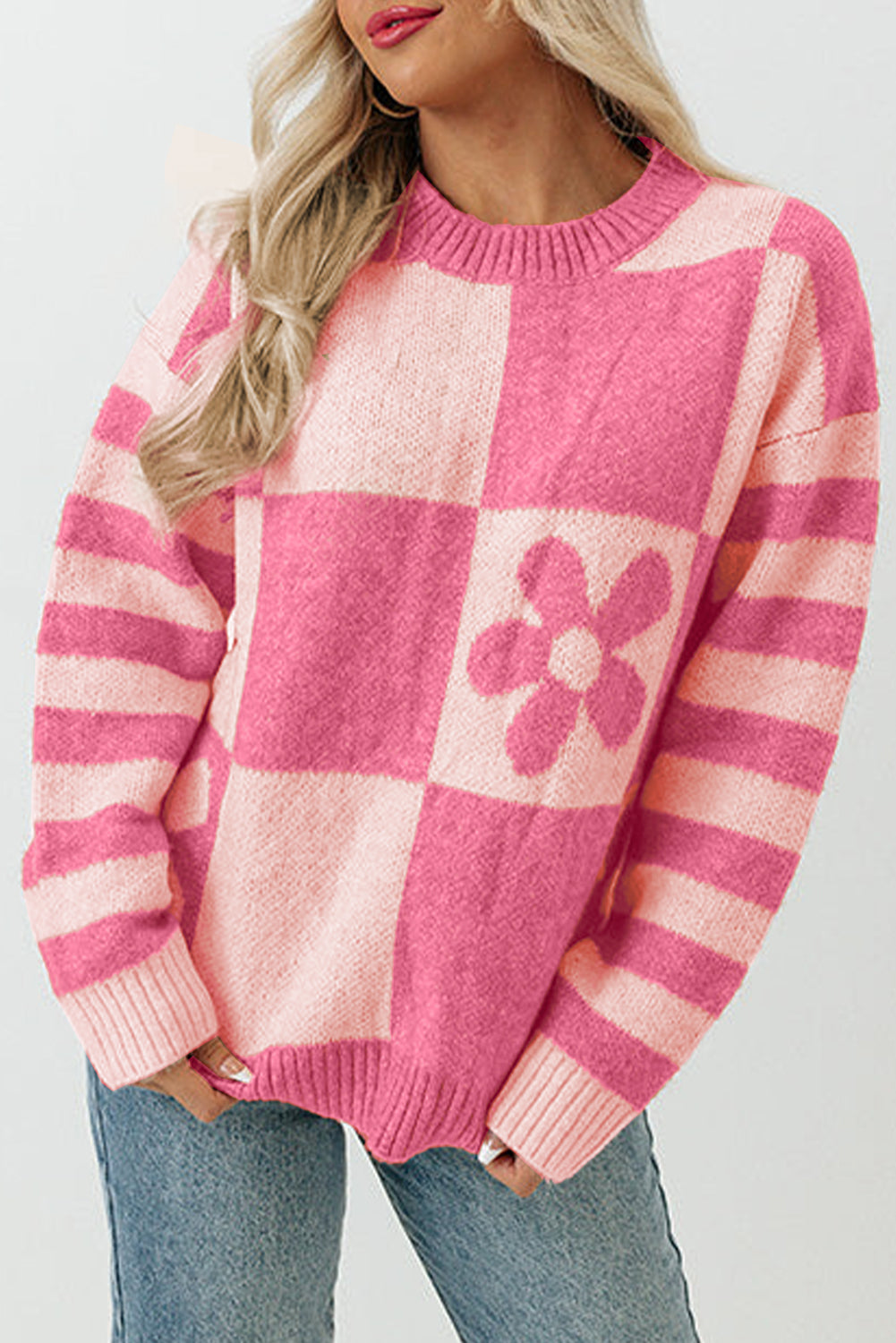 Orchid Petal Checkered and Striped Knitted Sweater