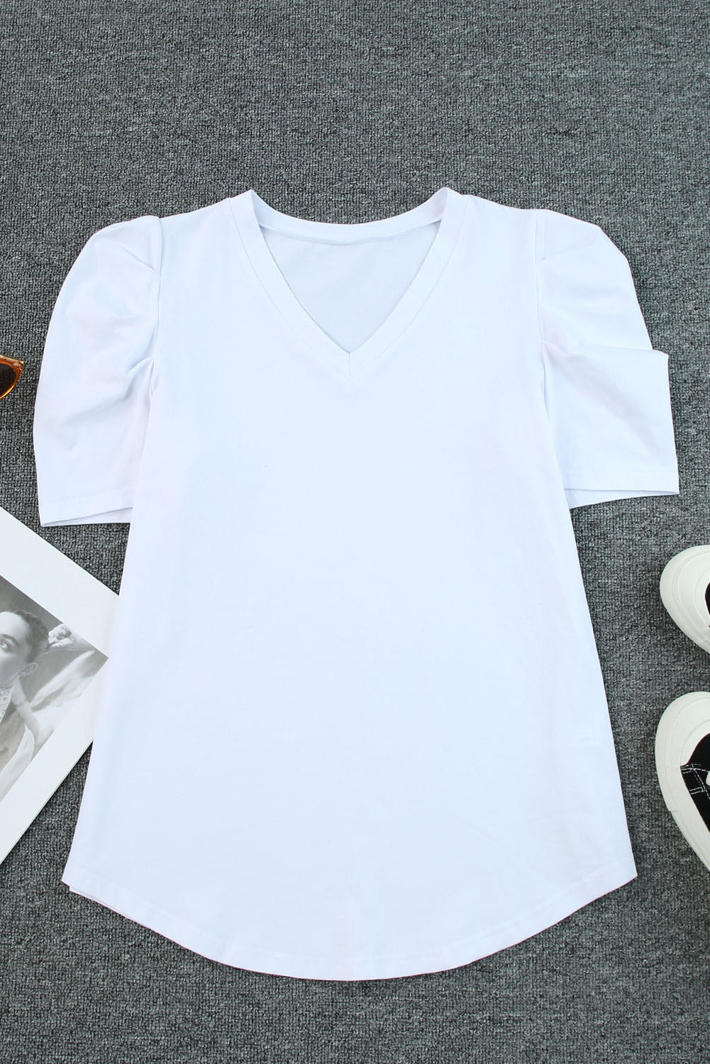Puff Sleeve Casual V Neck T-Shirt