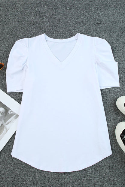 Puff Sleeve Casual V Neck T-Shirt