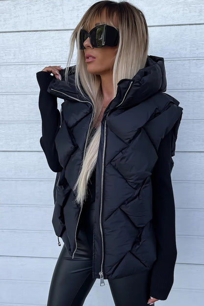 Quilted Zipper Front Thermal Hooded Vest Coat