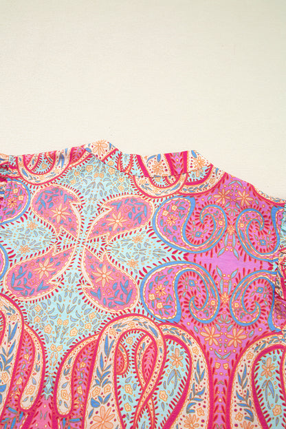 Rose Ethnic Paisley Print Ruffle Sleeve Notch Neck Midi Dress