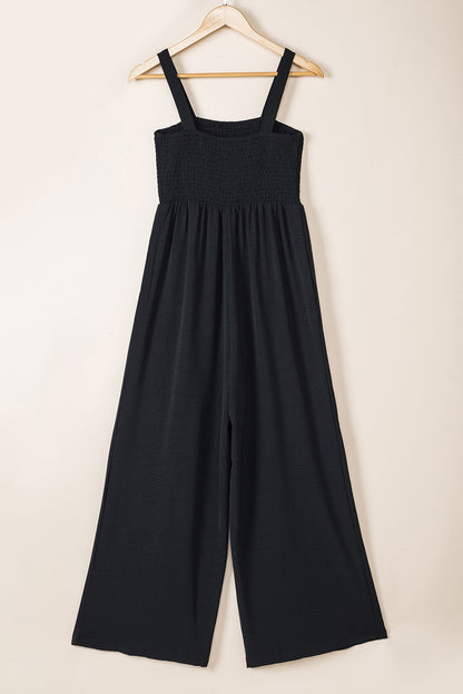 Black Casual Smocked Sleeveless Wide Leg Jumpsuit With Pockets