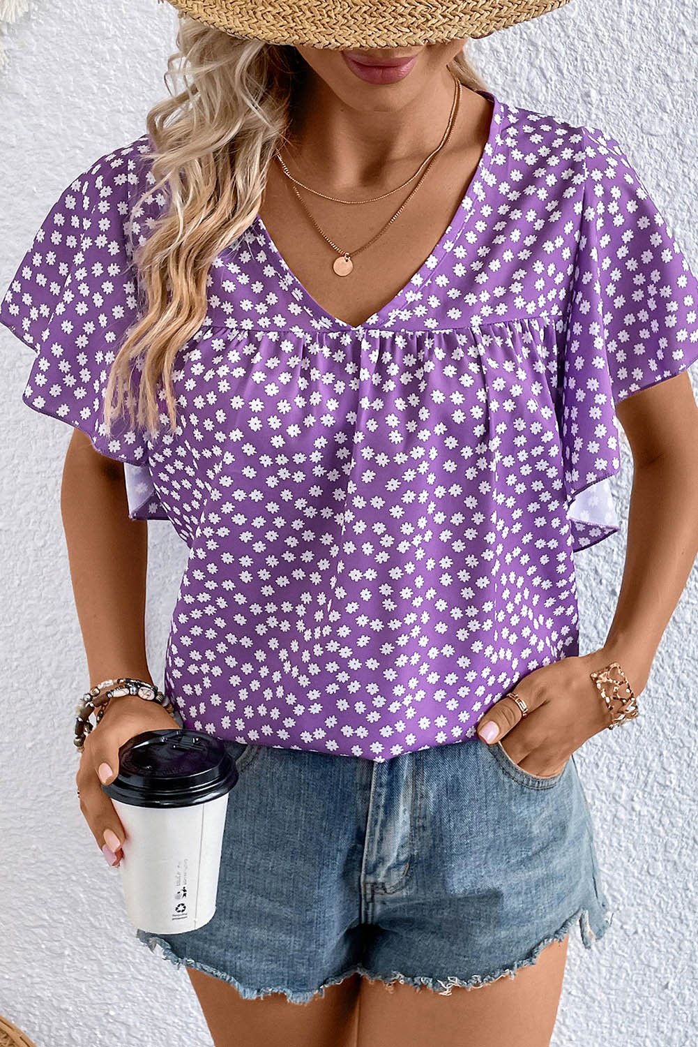 Blue Floral Print V Neck Ruffle Sleeve Blouse