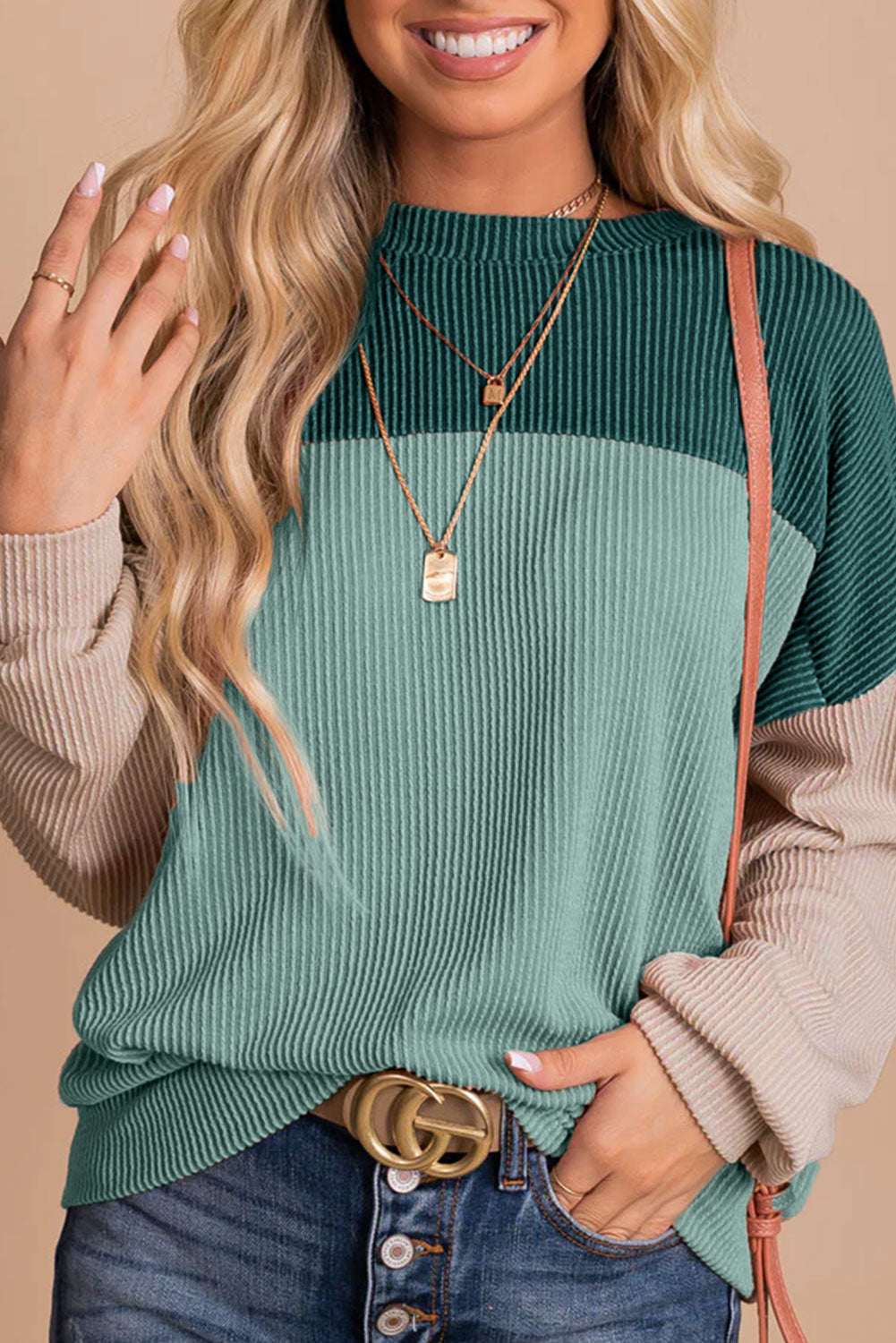Dark Green Color Block Cording Loose Long Sleeve Top