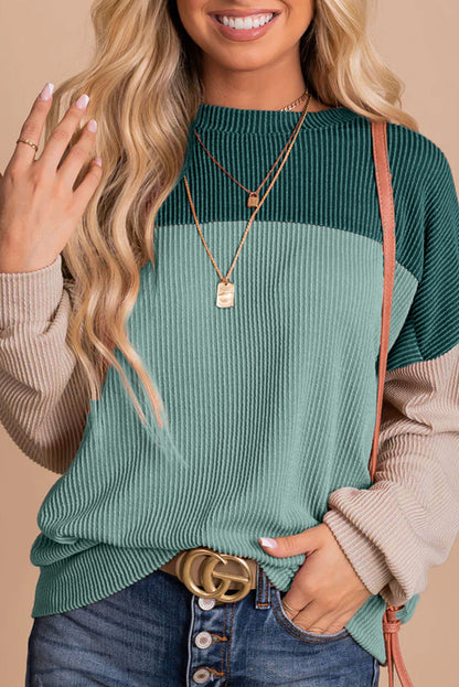 Dark Green Color Block Cording Loose Long Sleeve Top